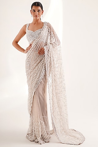 Nude Net Sequins Hand Embroidered Saree Set by Chaashni by Maansi and Ketan
