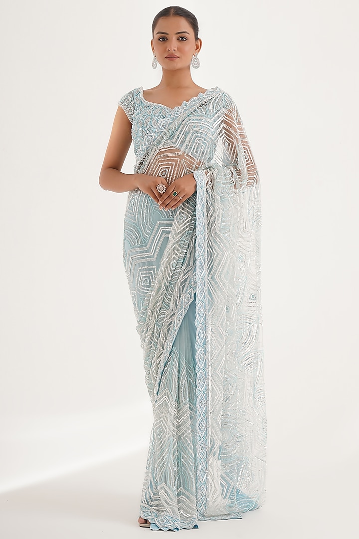 Sky Blue Net Sequins Hand Embroidered Saree Set by Chaashni by Maansi and Ketan