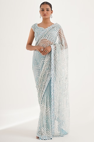 Sky Blue Net Sequins Hand Embroidered Saree Set by Chaashni by Maansi and Ketan