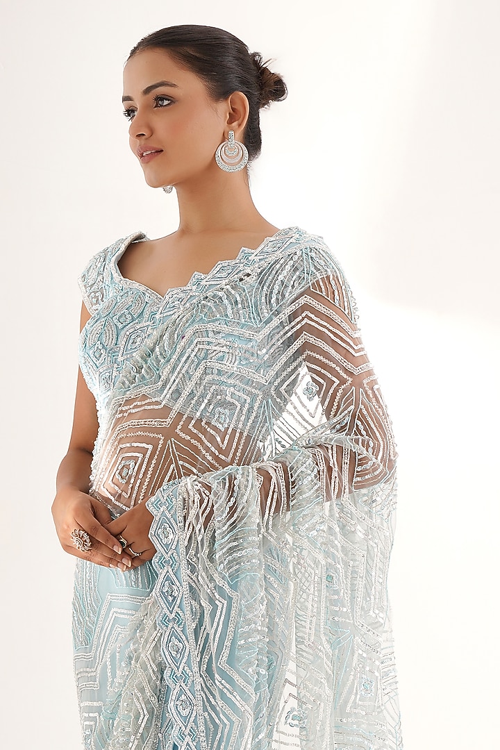Sky Blue Net Sequins Hand Embroidered Wedding Saree Set by Chaashni by Maansi and Ketan at Pernia's Pop Up Shop
