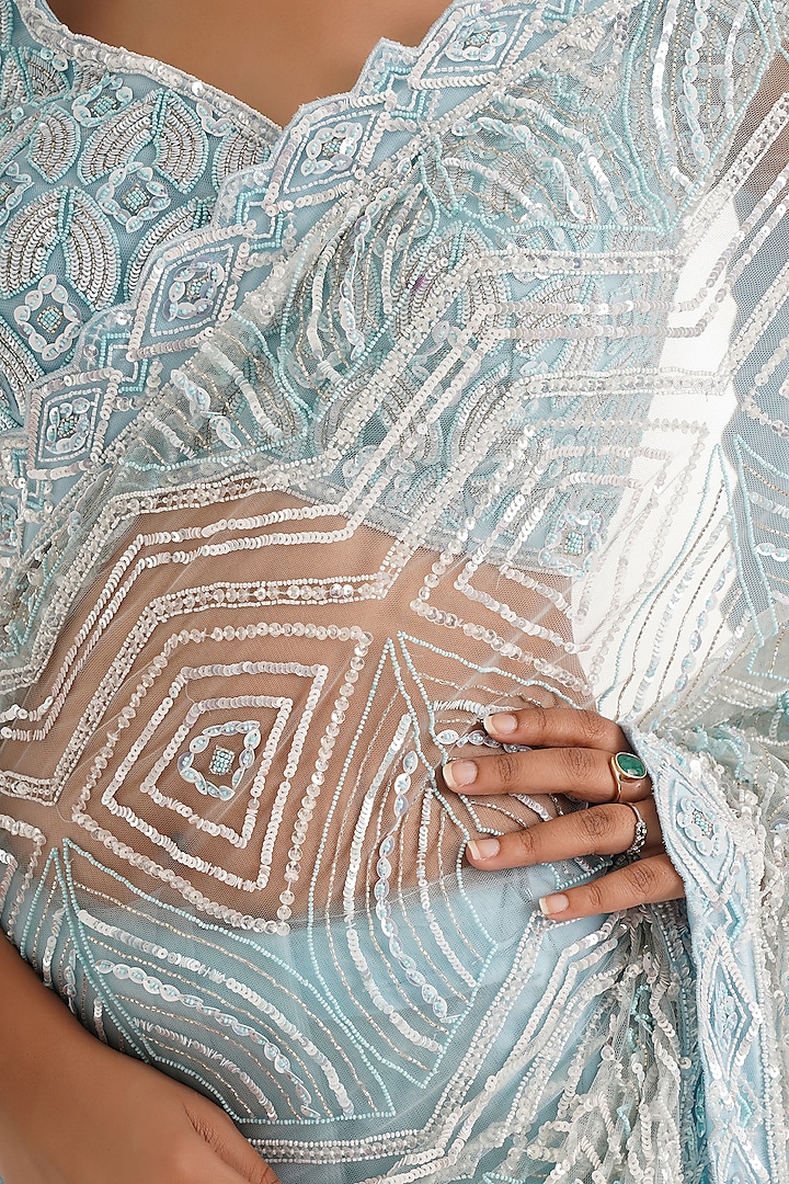 Sky Blue Net Sequins Hand Embroidered Wedding Saree Set by Chaashni by Maansi and Ketan at Pernia's Pop Up Shop