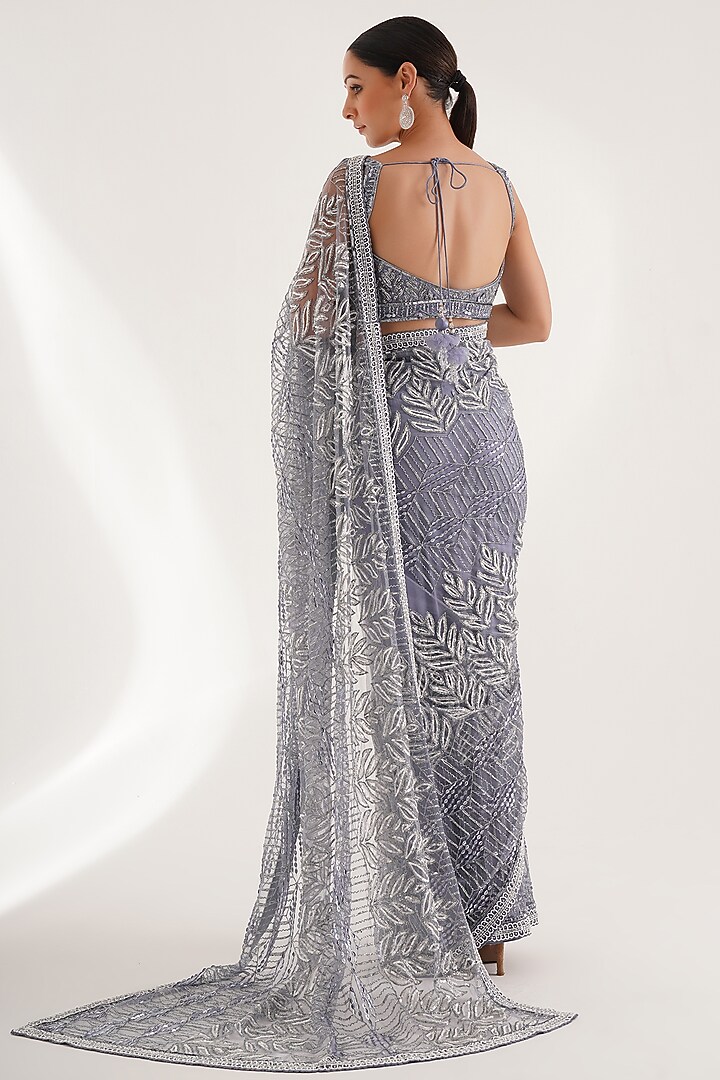 Blue Net Sequins Hand Embroidered Reception Saree Set by Chaashni by Maansi and Ketan at Pernia's Pop Up Shop