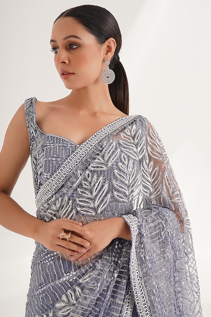 Blue Net Sequins Hand Embroidered Reception Saree Set by Chaashni by Maansi and Ketan at Pernia's Pop Up Shop