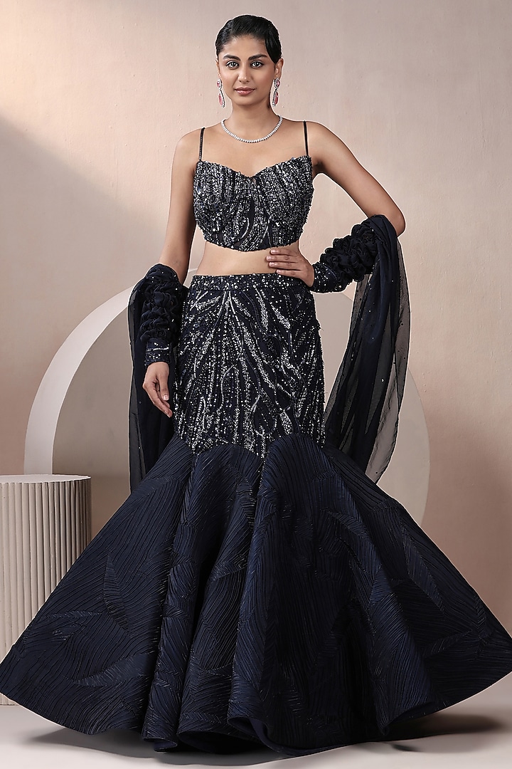 Blue Net & Organza Sequins Embellished Wedding Lehenga Set by Chaashni by Maansi and Ketan at Pernia's Pop Up Shop