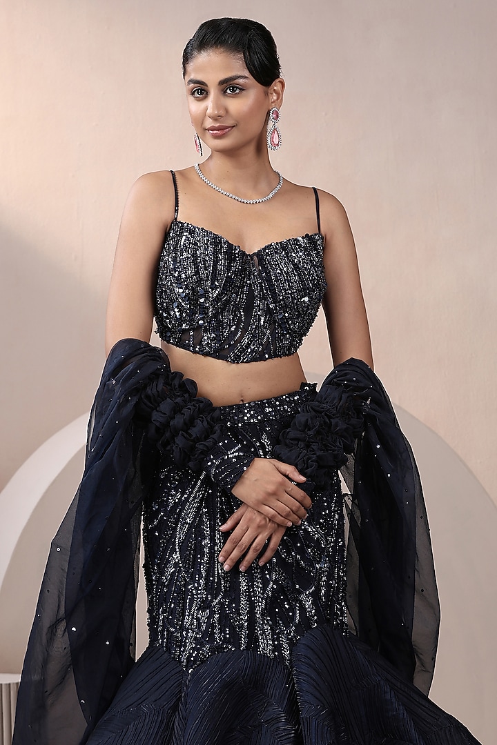 Blue Net & Organza Sequins Embellished Wedding Lehenga Set by Chaashni by Maansi and Ketan at Pernia's Pop Up Shop