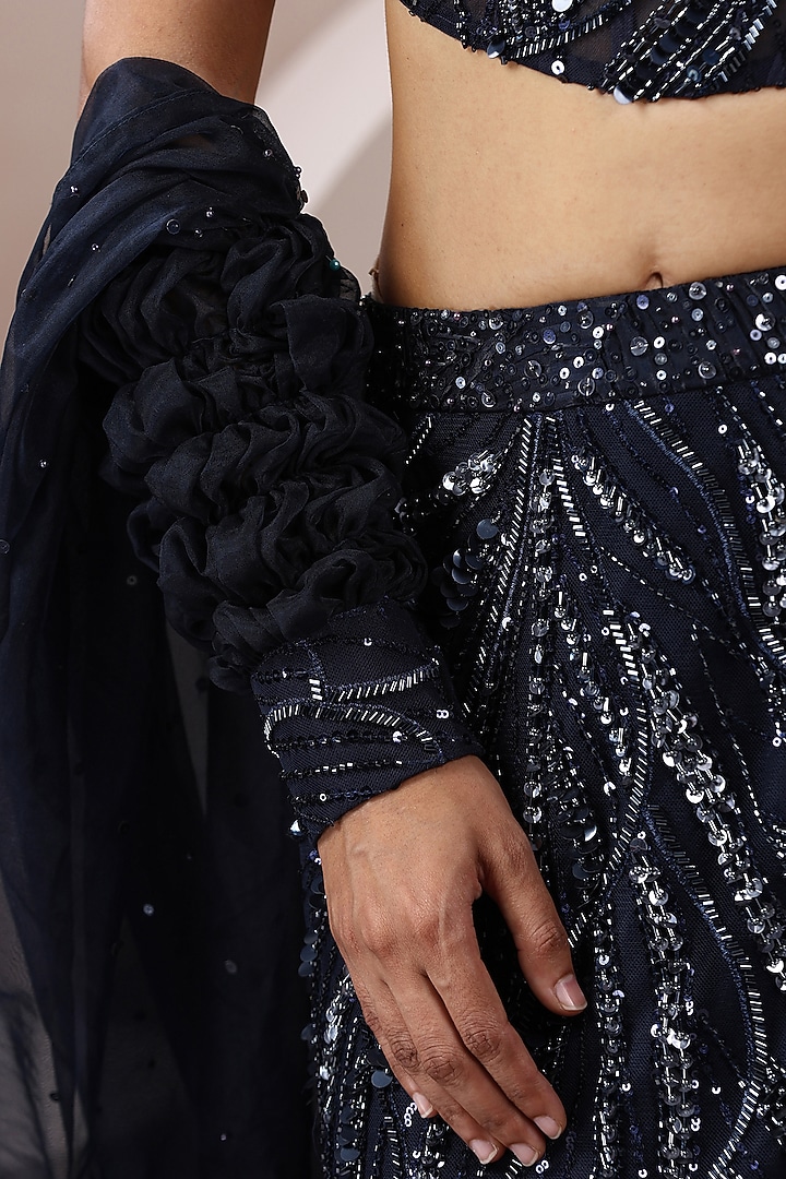 Blue Net & Organza Sequins Embellished Wedding Lehenga Set by Chaashni by Maansi and Ketan at Pernia's Pop Up Shop