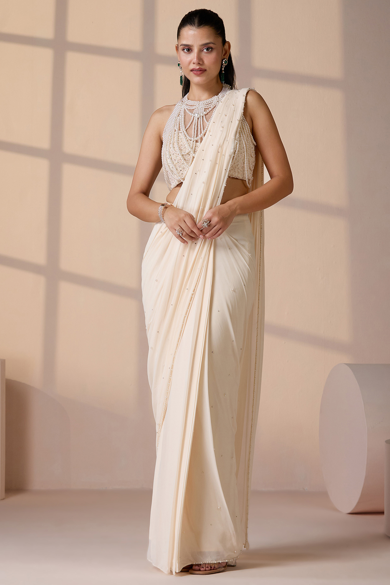 Ivory Georgette & Net Pearl Embellished Stitched Wedding Saree Set by Chaashni by Maansi and Ketan at Pernia's Pop Up Shop