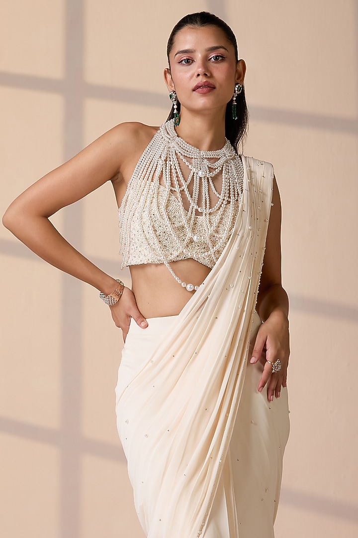 Ivory Georgette & Net Pearl Embellished Stitched Wedding Saree Set by Chaashni by Maansi and Ketan at Pernia's Pop Up Shop