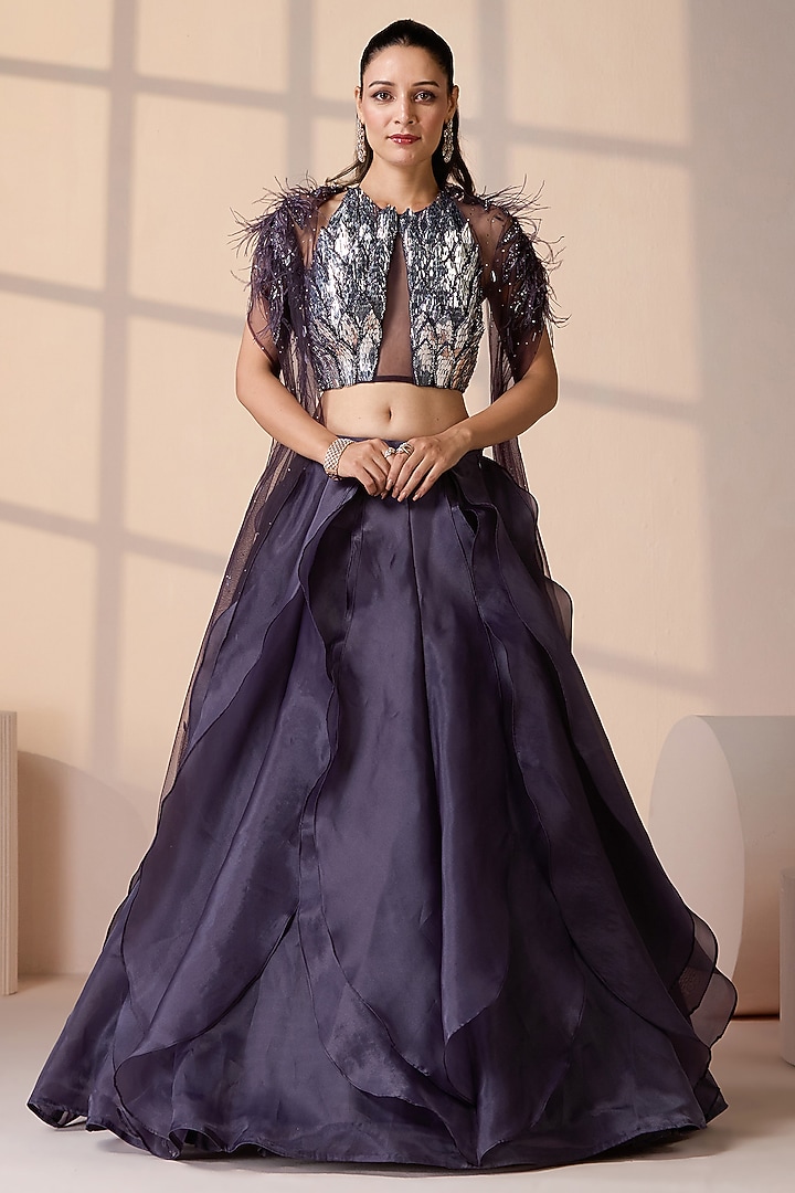 Purple Organza & Net Wedding Lehenga Set by Chaashni by Maansi and Ketan at Pernia's Pop Up Shop