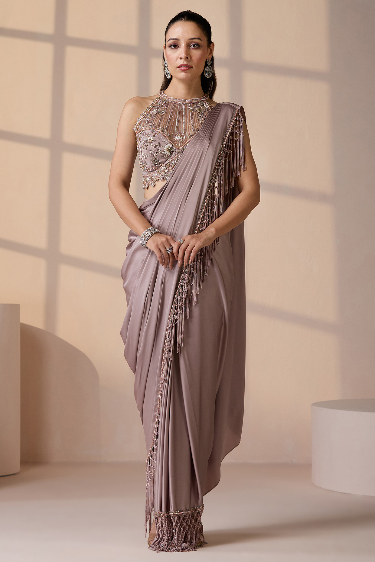 Champagne Net & Imported Satin Pre-Stitched Wedding Saree Set by Chaashni by Maansi and Ketan at Pernia's Pop Up Shop