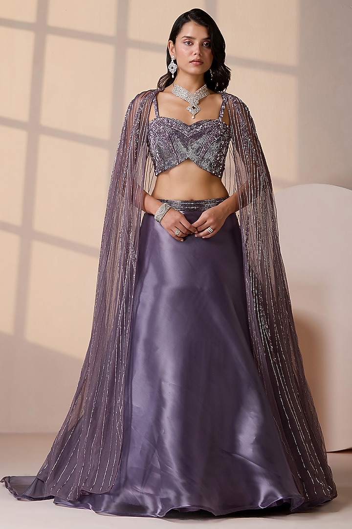 Purple Organza Sequins Embellished Jacket Wedding Lehenga Set by Chaashni by Maansi and Ketan at Pernia's Pop Up Shop