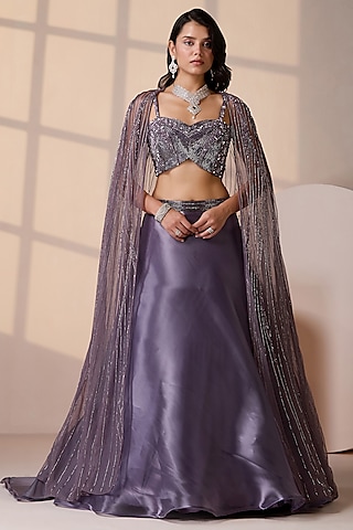 Purple Organza Sequins Embellished Jacket Lehenga Set by Chaashni by Maansi and Ketan