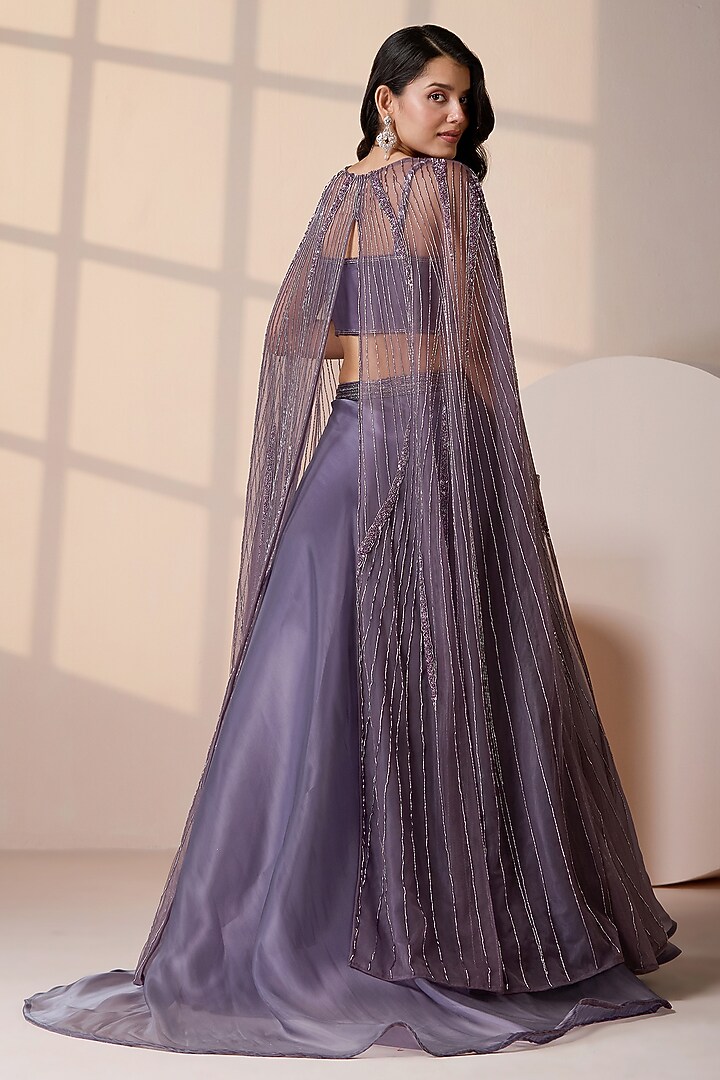 Purple Organza Sequins Embellished Jacket Wedding Lehenga Set by Chaashni by Maansi and Ketan at Pernia's Pop Up Shop