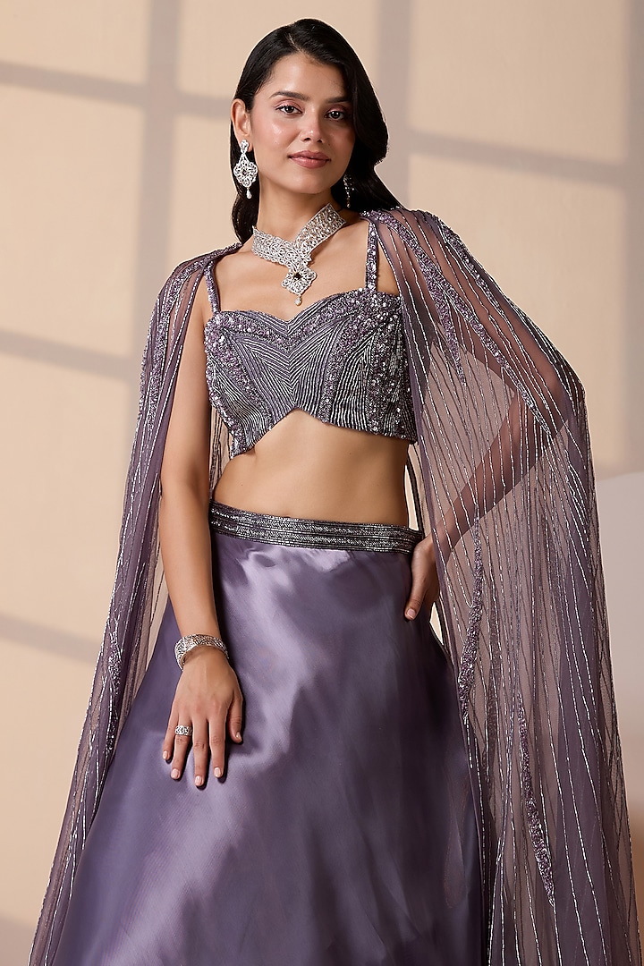 Purple Organza Sequins Embellished Jacket Wedding Lehenga Set by Chaashni by Maansi and Ketan at Pernia's Pop Up Shop