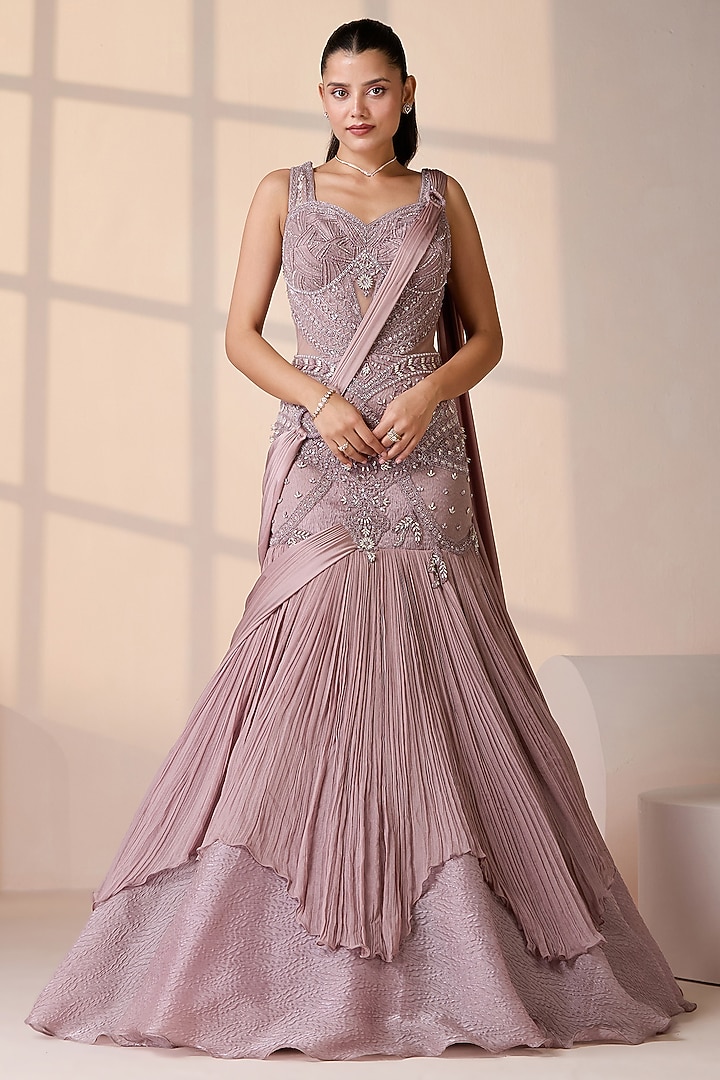 Pink Organza & Lycra Zircon Embellished Engagement Gown by Chaashni by Maansi and Ketan at Pernia's Pop Up Shop