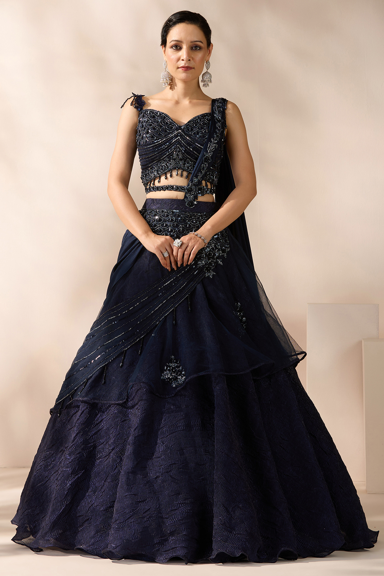 Blue Organza & Net Sequins Embellished Wedding Lehenga Set by Chaashni by Maansi and Ketan at Pernia's Pop Up Shop