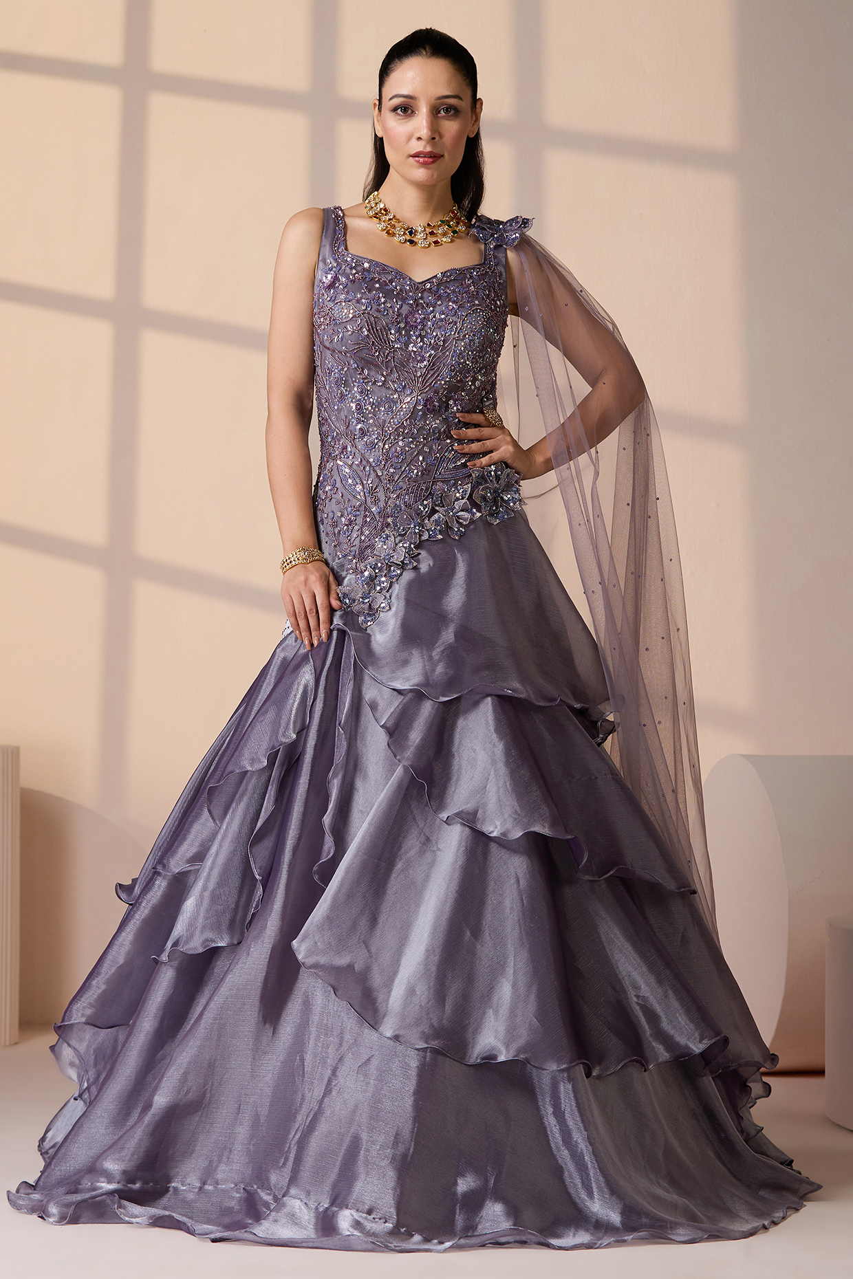 Purple Organza & Net Sequins Embellished Engagement Gown by Chaashni by Maansi and Ketan at Pernia's Pop Up Shop