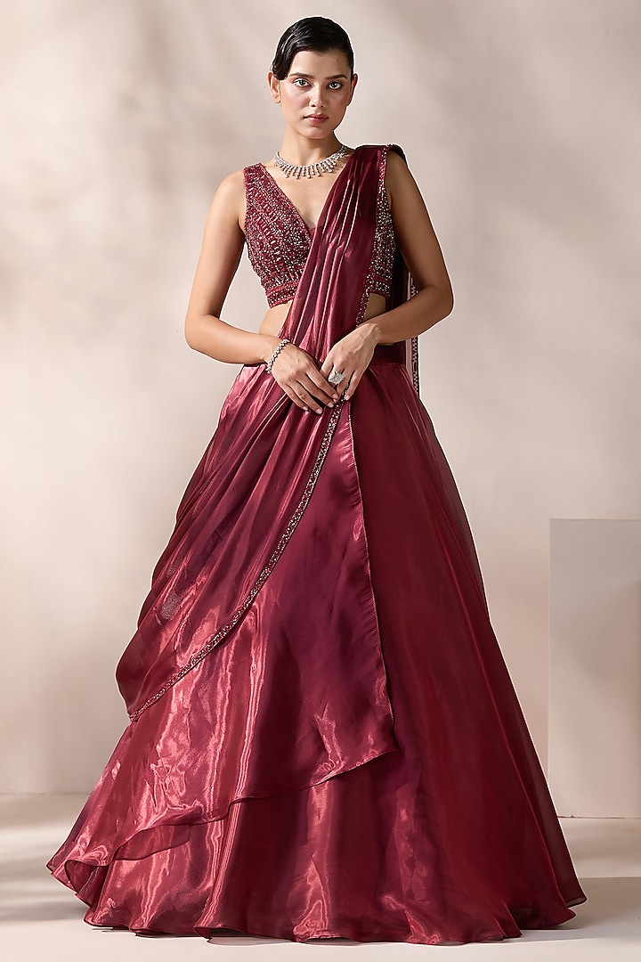 Maroon Imported Organza Wedding Lehenga Set by Chaashni by Maansi and Ketan at Pernia's Pop Up Shop