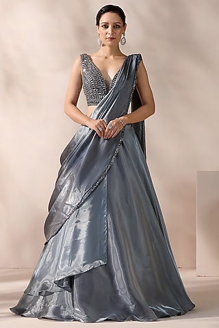 Grey Imported Organza Lehenga Set by Chaashni by Maansi and Ketan