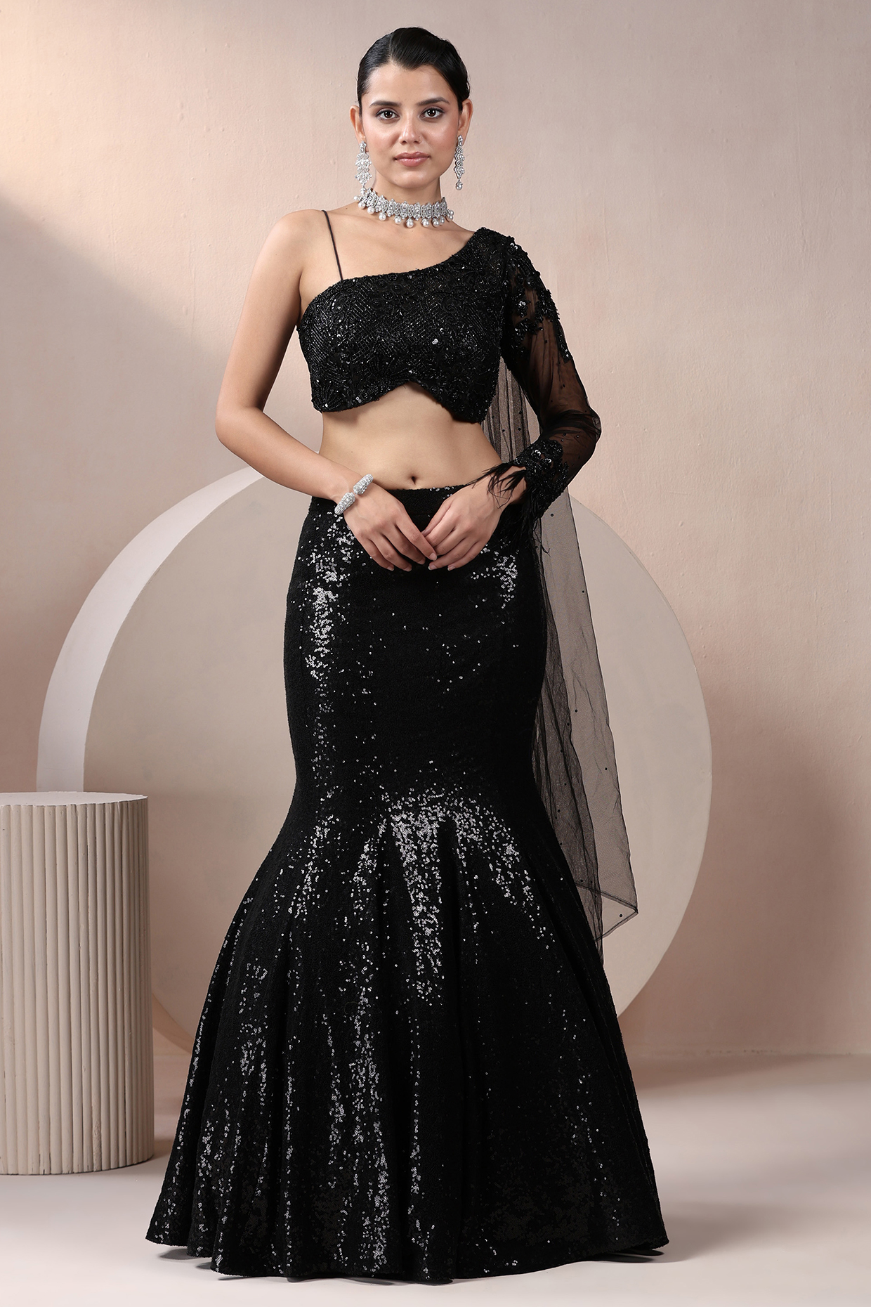 Black Net & Sequinned Sequins Embellished Lehenga Set by Chaashni by Maansi and Ketan at Pernia's Pop Up Shop