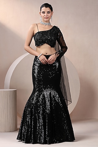 Black Net & Sequinned Sequins Embellished Lehenga Set by Chaashni by Maansi and Ketan