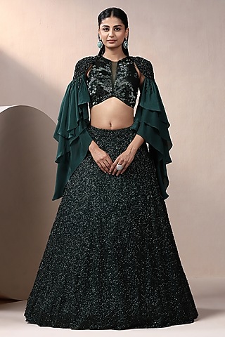 Green Nalki Lycra & Crepe Embellished Lehenga Set by Chaashni by Maansi and Ketan