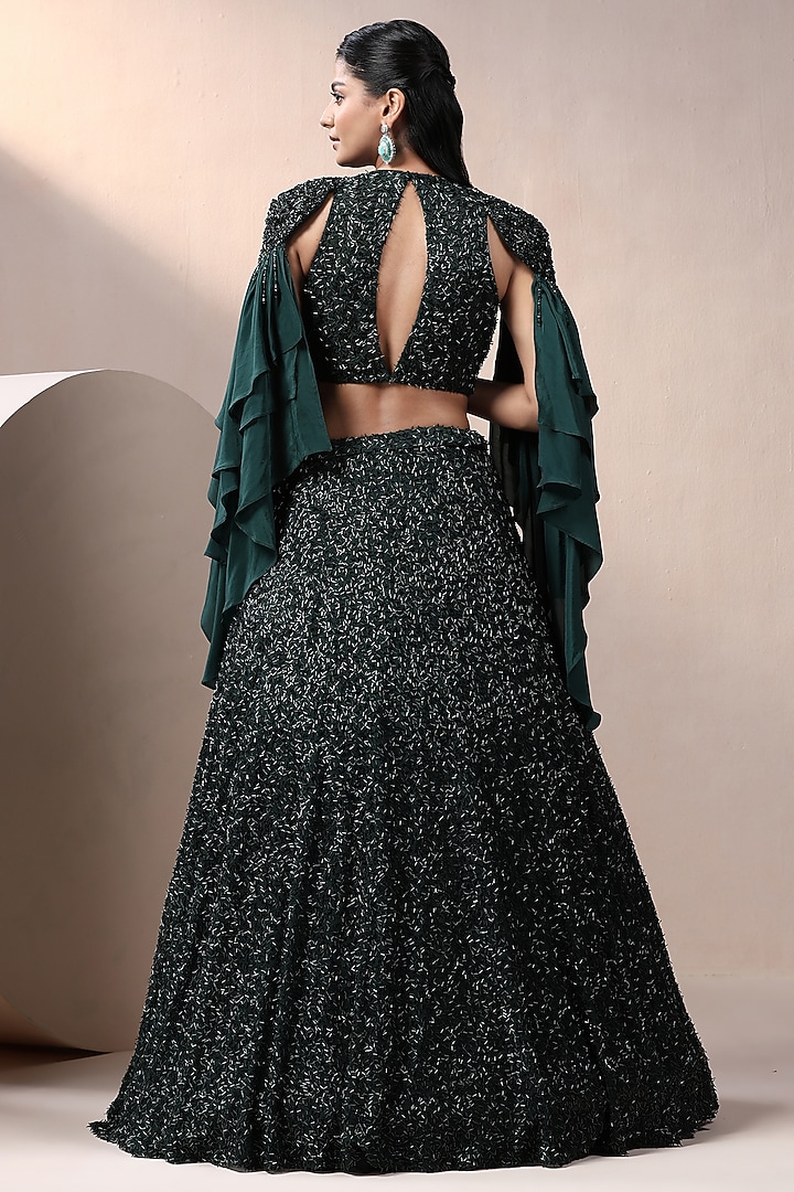 Green Nalki Lycra & Crepe Embellished Wedding Lehenga Set by Chaashni by Maansi and Ketan at Pernia's Pop Up Shop