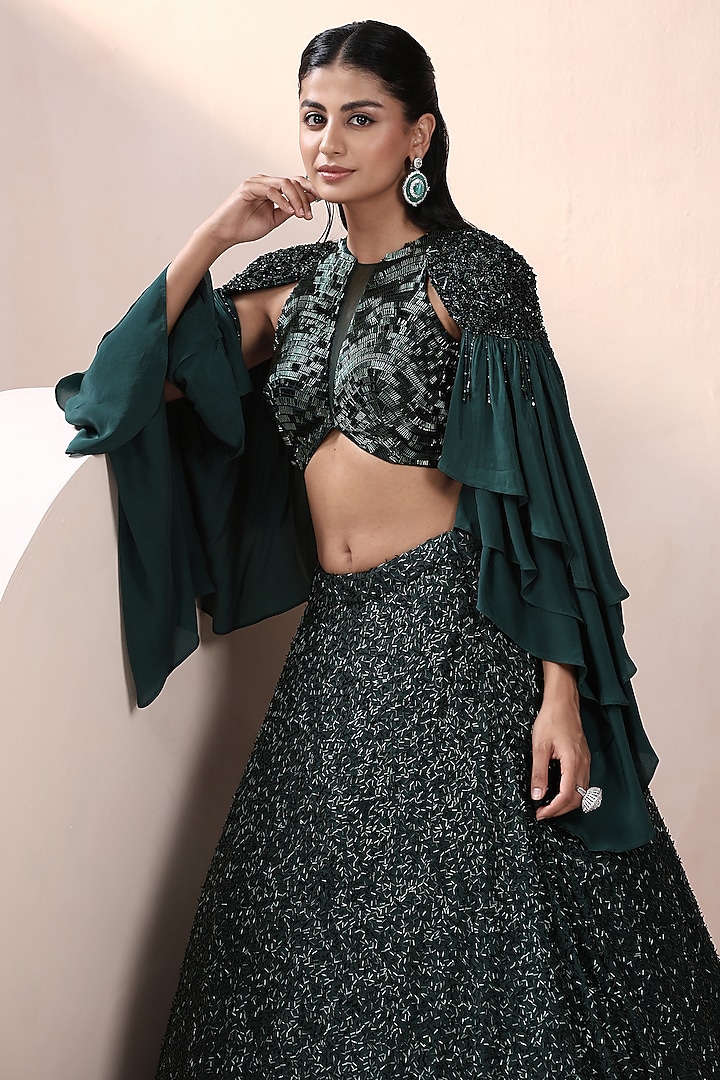 Green Nalki Lycra & Crepe Embellished Wedding Lehenga Set by Chaashni by Maansi and Ketan at Pernia's Pop Up Shop