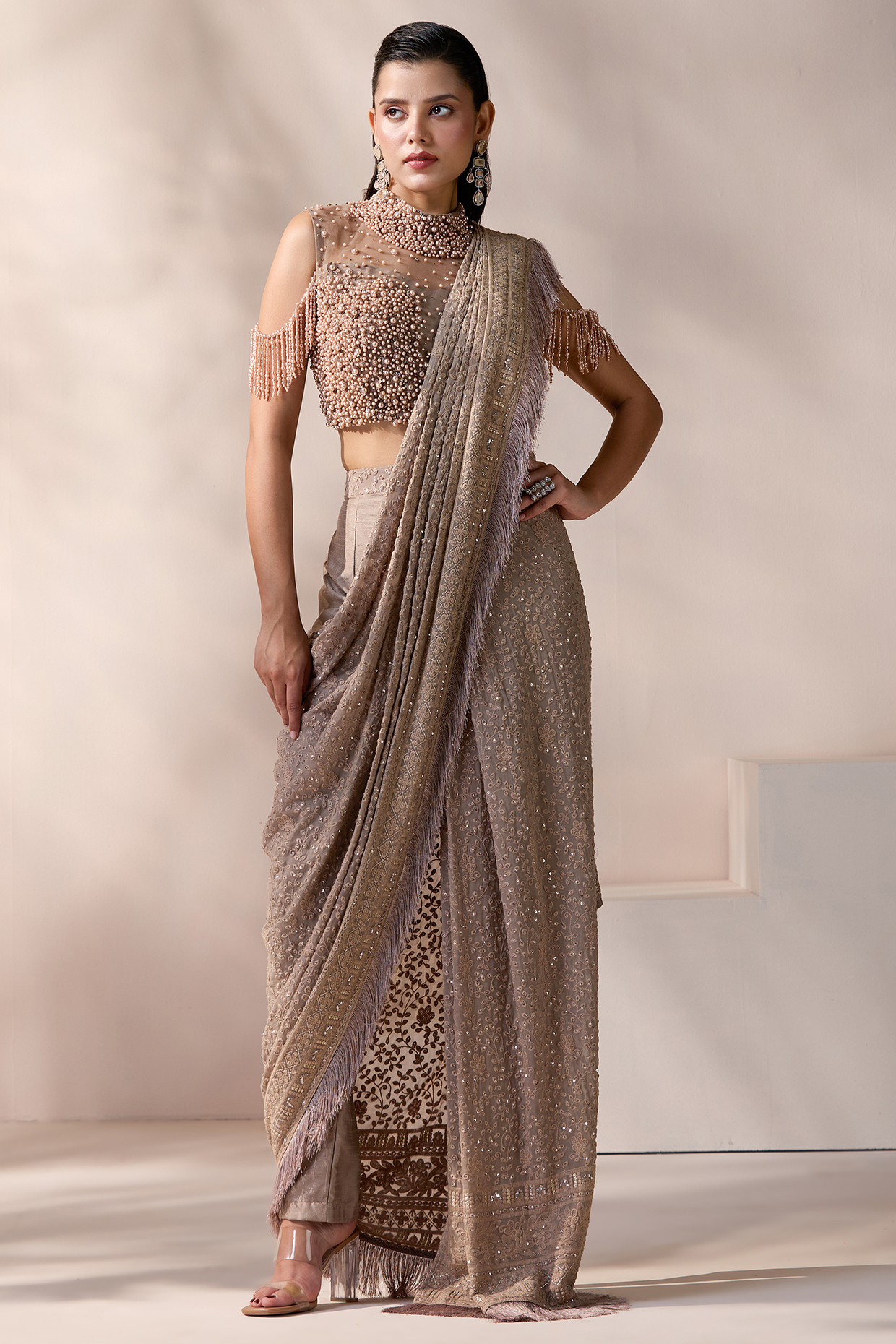 Champagne Net Embellished Pant Wedding Saree Set by Chaashni by Maansi and Ketan at Pernia's Pop Up Shop
