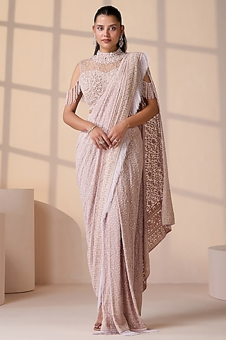 Pink Net Embellished Pant Saree Set by Chaashni by Maansi and Ketan