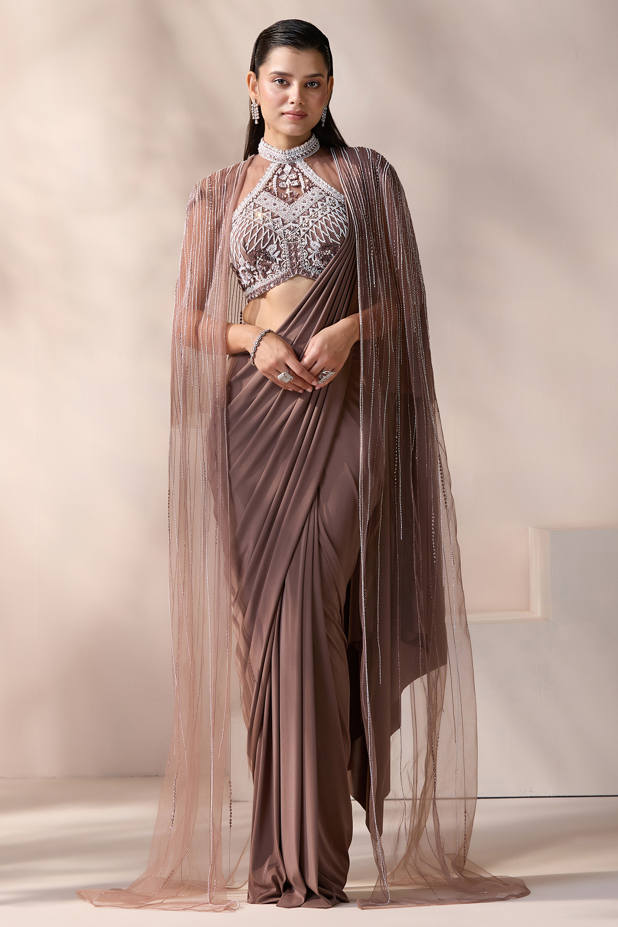 Mouse Net & Lycra Pre-Stitched Jacket Wedding Saree Set by Chaashni by Maansi and Ketan at Pernia's Pop Up Shop