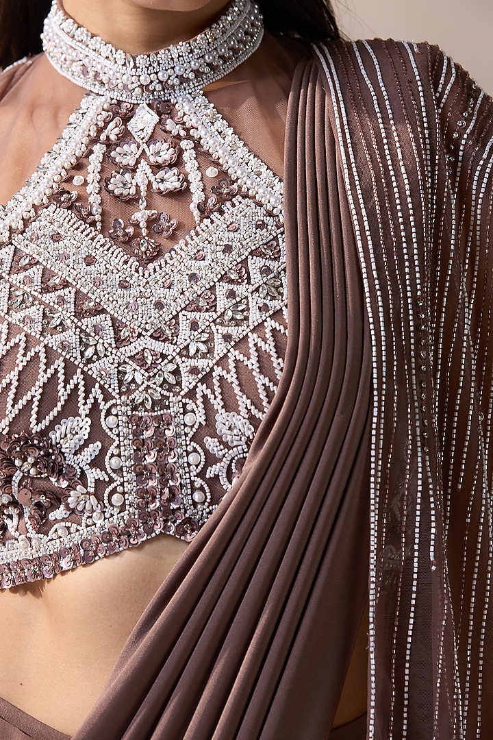 Mouse Net & Lycra Pre-Stitched Jacket Wedding Saree Set by Chaashni by Maansi and Ketan at Pernia's Pop Up Shop