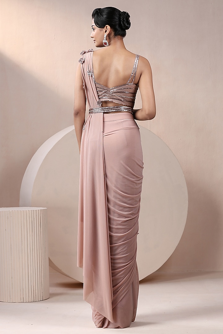 Peach Lycra Net Sequins Embellished Pre-Stitched Wedding Saree Set by Chaashni by Maansi and Ketan at Pernia's Pop Up Shop