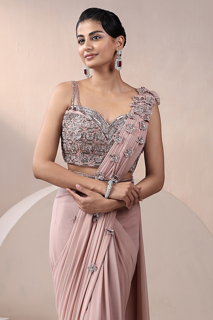 Peach Lycra Net Sequins Embellished Pre-Stitched Wedding Saree Set by Chaashni by Maansi and Ketan at Pernia's Pop Up Shop