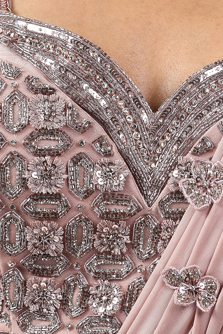 Peach Lycra Net Sequins Embellished Pre-Stitched Wedding Saree Set by Chaashni by Maansi and Ketan at Pernia's Pop Up Shop