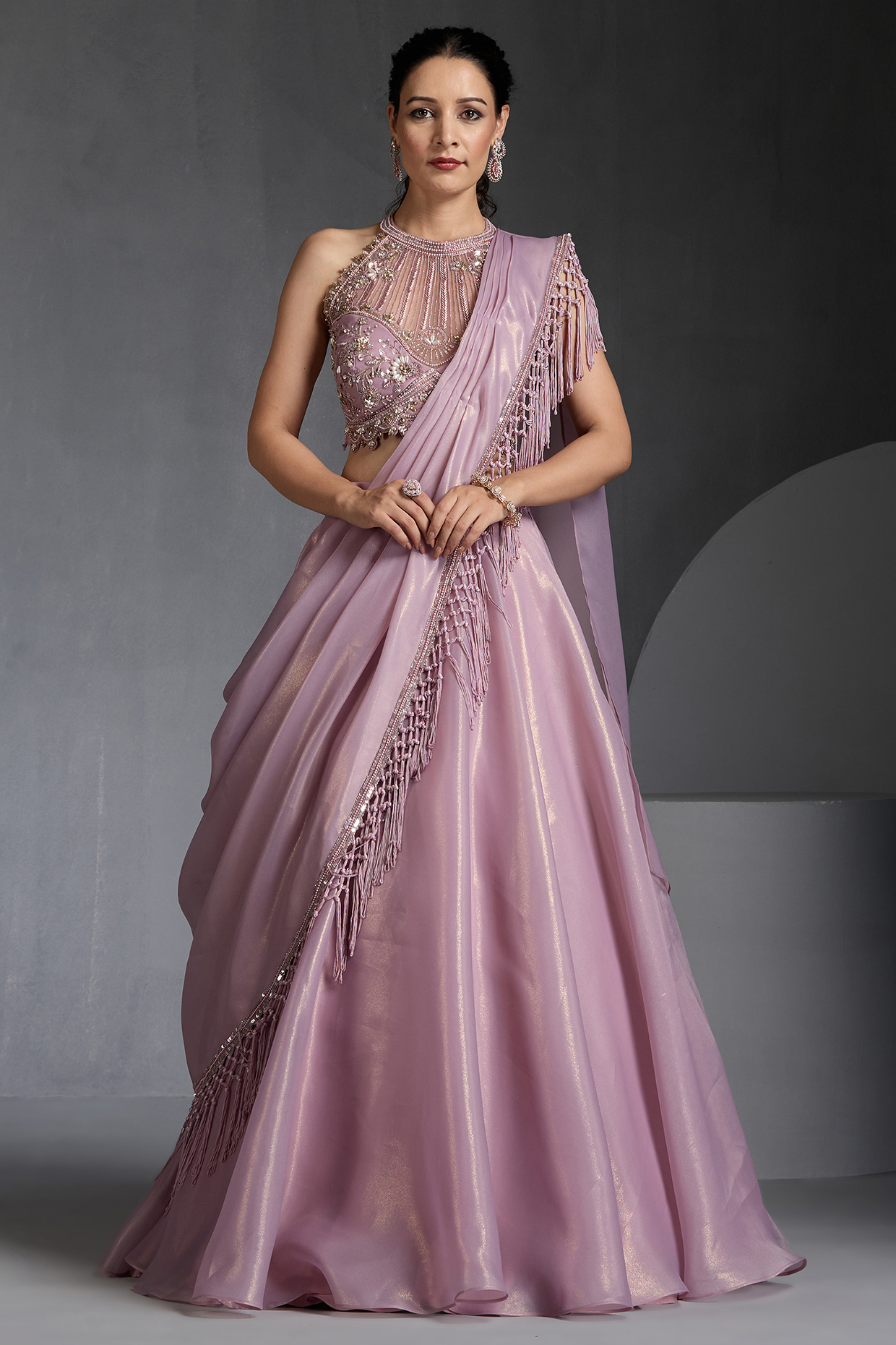 Pink Net & Imported Organza Draped Wedding Lehenga Set by Chaashni by Maansi and Ketan at Pernia's Pop Up Shop