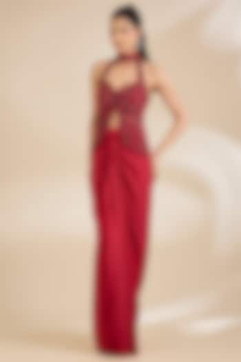 Red Balloon Lycra Draped Skirt Set by Chaashni by Maansi and Ketan at Pernia's Pop Up Shop
