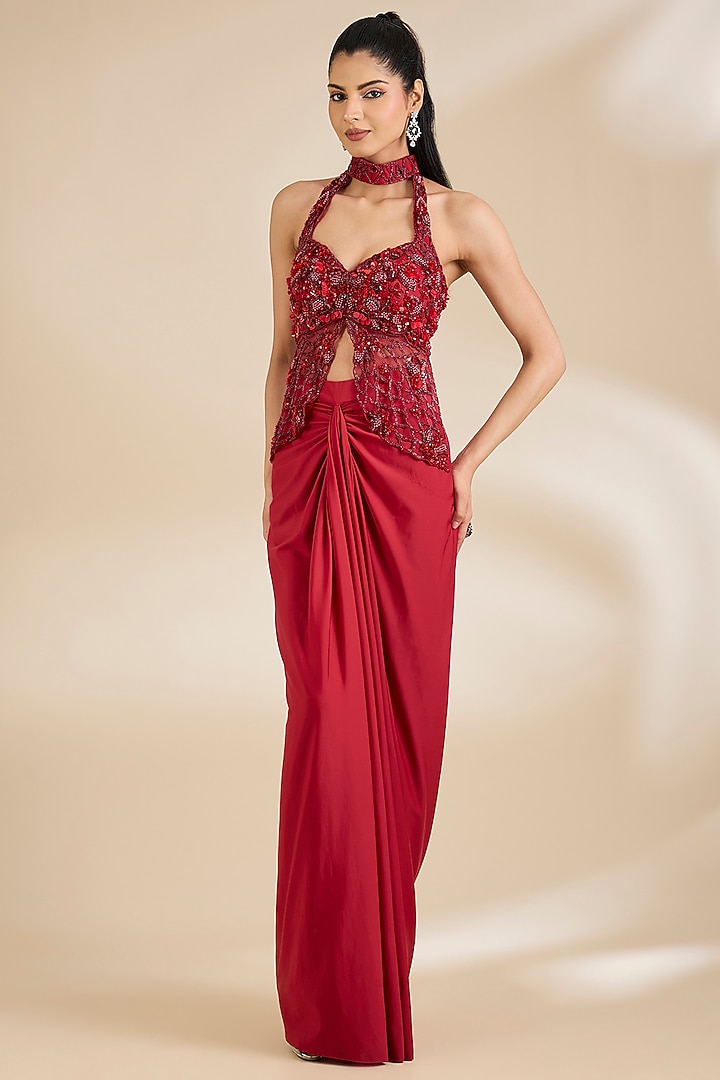 Red Balloon Lycra Draped Skirt Set by Chaashni by Maansi and Ketan at Pernia's Pop Up Shop