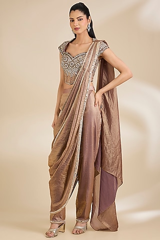 Copper Organza Dabka Embellished Pant Saree Set by Chaashni by Maansi and Ketan