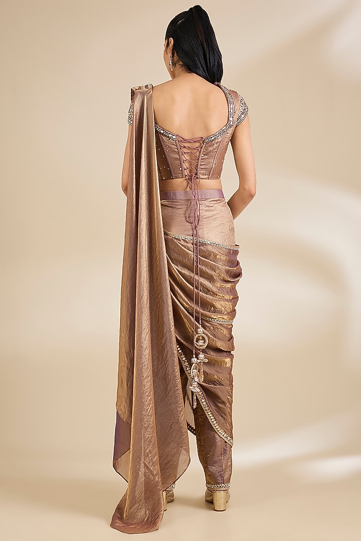 Copper Organza Dabka Embellished Pant Wedding Saree Set by Chaashni by Maansi and Ketan at Pernia's Pop Up Shop