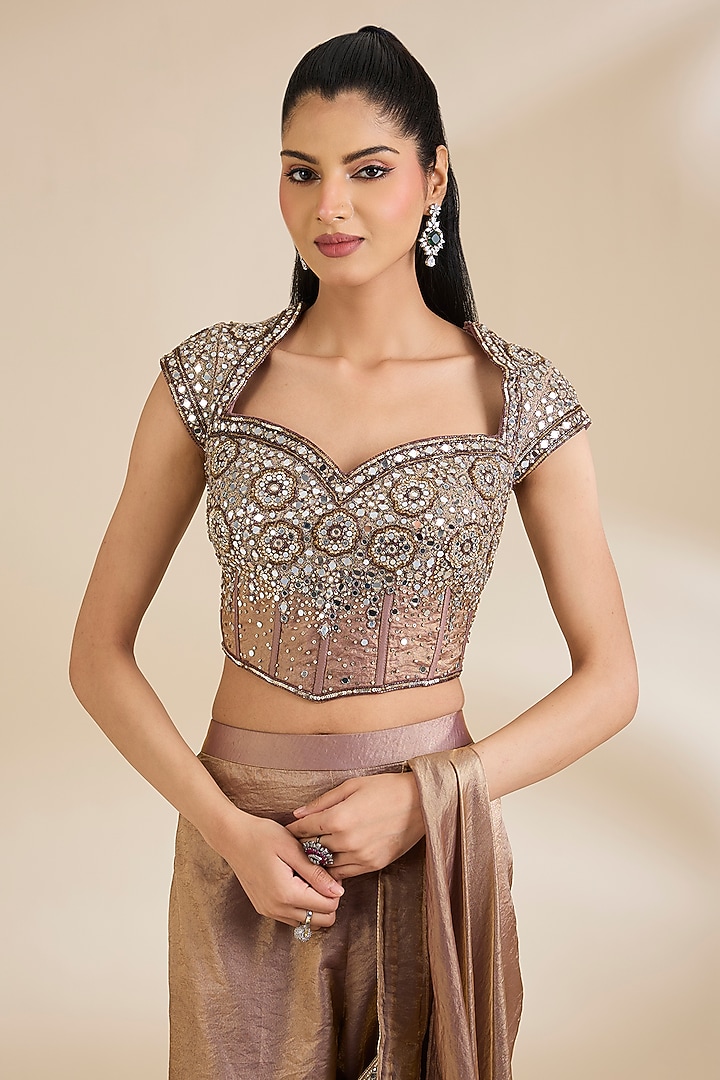 Copper Organza Dabka Embellished Pant Wedding Saree Set by Chaashni by Maansi and Ketan at Pernia's Pop Up Shop