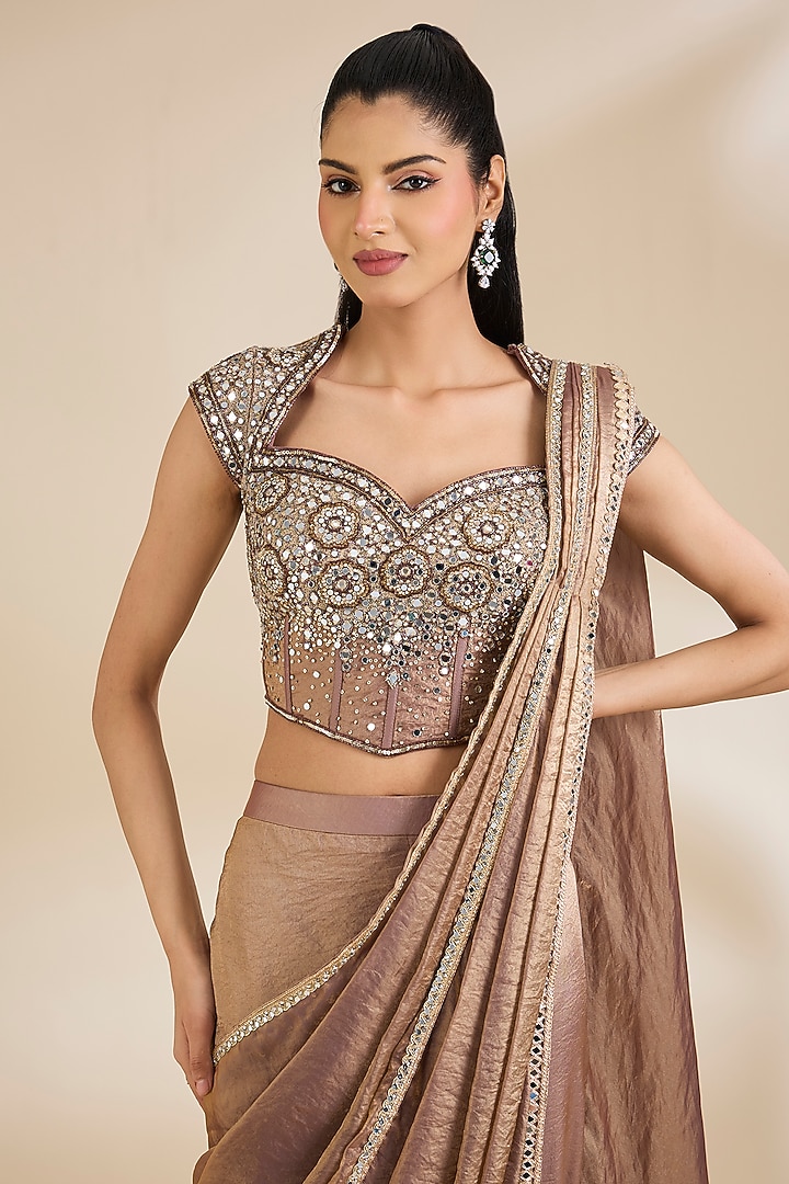 Copper Organza Dabka Embellished Pant Wedding Saree Set by Chaashni by Maansi and Ketan at Pernia's Pop Up Shop