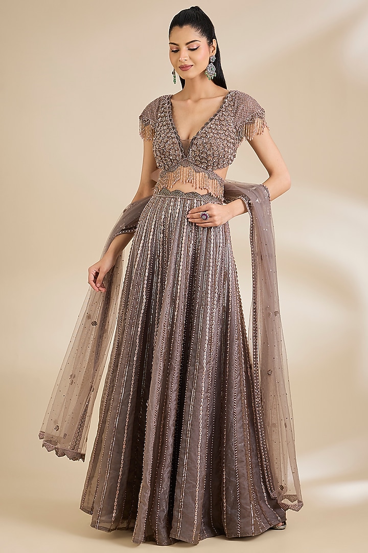 Champagne Organza Embellished Wedding Lehenga Set by Chaashni by Maansi and Ketan at Pernia's Pop Up Shop