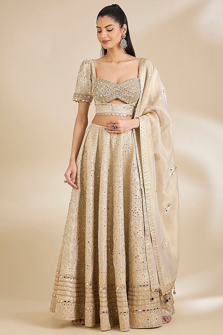 Gold Banarasi Chanderi Silk Wedding Lehenga Set by Chaashni by Maansi and Ketan at Pernia's Pop Up Shop