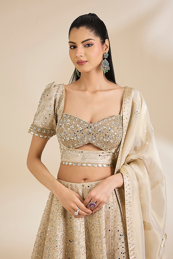 Gold Banarasi Chanderi Silk Wedding Lehenga Set by Chaashni by Maansi and Ketan at Pernia's Pop Up Shop
