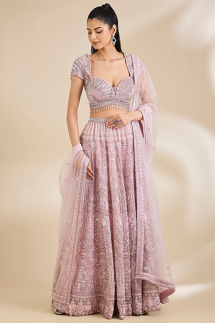 Pink Net Embellished Wedding Lehenga Set by Chaashni by Maansi and Ketan at Pernia's Pop Up Shop