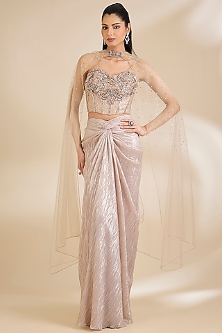 Pink Shimmer Georgette Draped Skirt Set by Chaashni by Maansi and Ketan