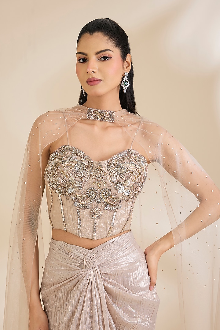 Pink Shimmer Georgette Draped Skirt Set by Chaashni by Maansi and Ketan at Pernia's Pop Up Shop