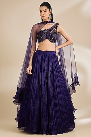 Purple Organza & Net Sequins Embellished Lehenga Set by Chaashni by Maansi and Ketan