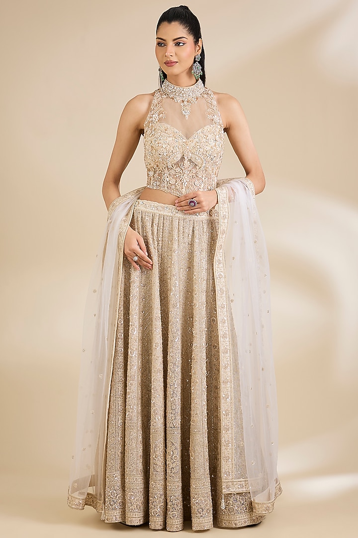 Ivory Net Sequins Embellished Wedding Lehenga Set by Chaashni by Maansi and Ketan at Pernia's Pop Up Shop